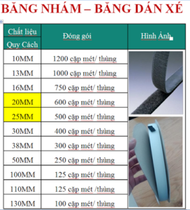 Các kích cỡ của băng nhám dính